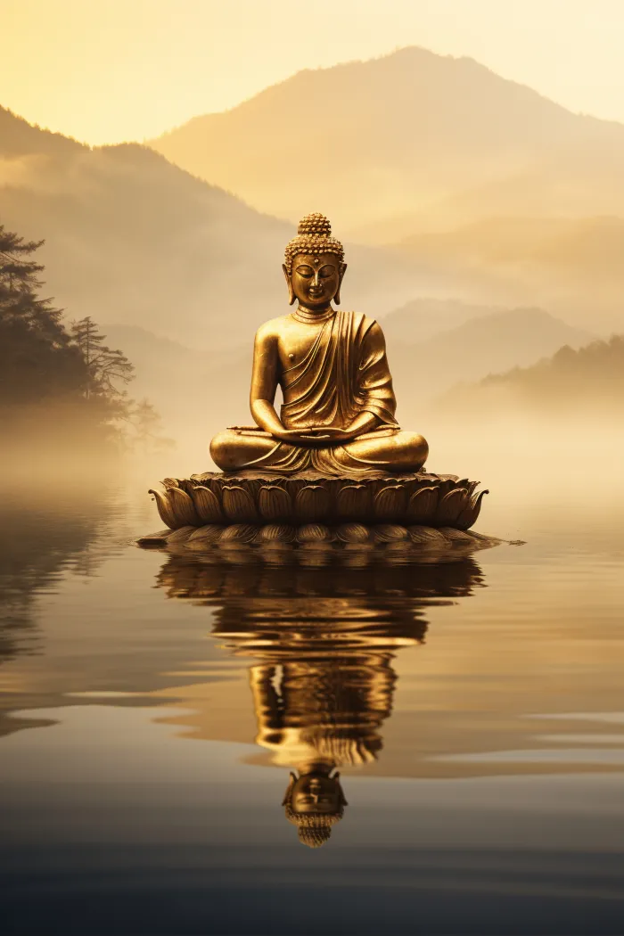 Golden Buddha in lotus meditation pose floating over calm lake reflecting in water with misty mountain backdrop. | PrintPosters.in